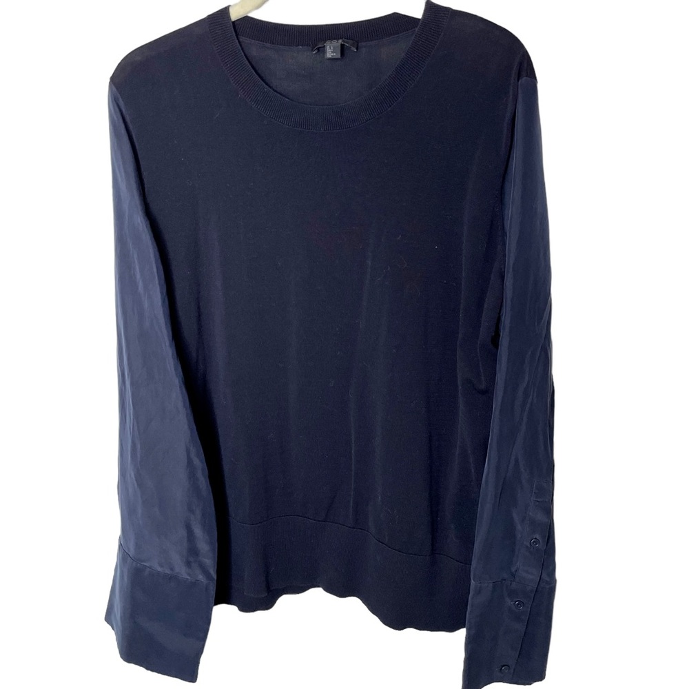 COS Navy Cotton Silk Long Sleeve Crewneck Tunic Sweater in Size Large